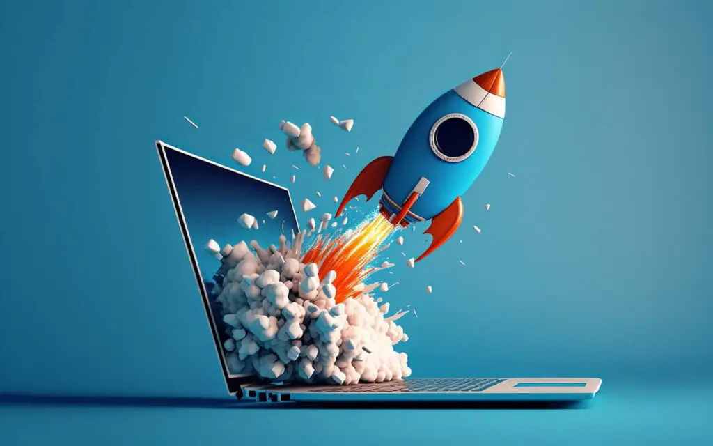Laptop sitting open against blue background with rocket blasting out of the screen 3D to represent Amazon SEO services
