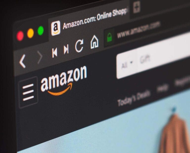Close-up of Amazon’s website on a computer screen, symbolizing e-commerce and Prime Day selling
